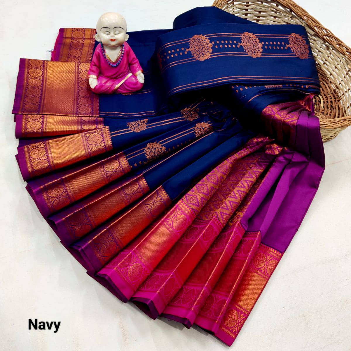 Blue Pink copper Kanchipuram soft silk saree
