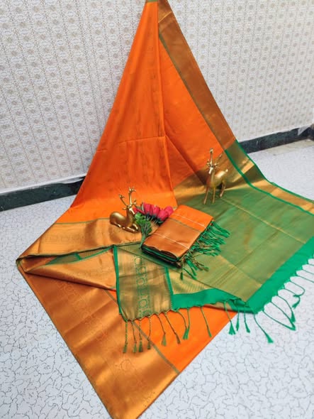 Orange & Green Kanchipuram Soft Silk