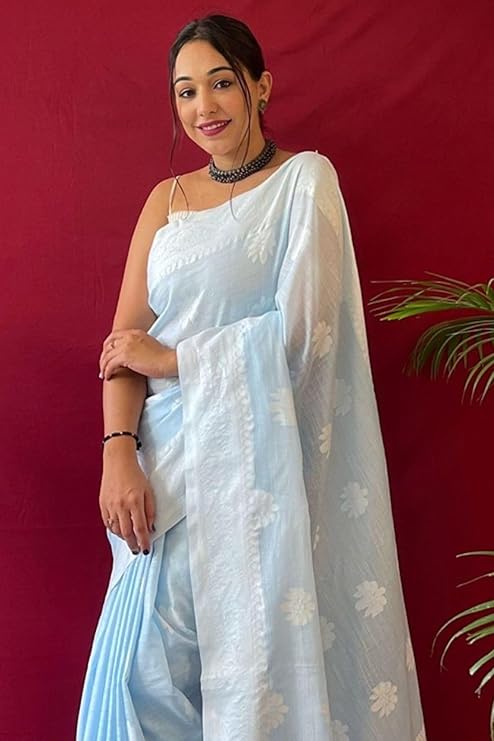 Kanjivaram Soft Cotton Linen Silk Saree with Blouse Piece Light Blue