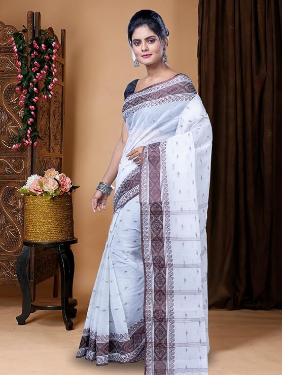 Pure Cotton Sarees Elegant and comfortable (White and Blue) No blouse piece