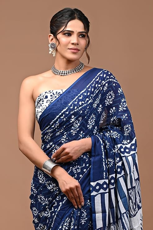 Mulmul Cotton Saree with Blouse Piece Blue & White