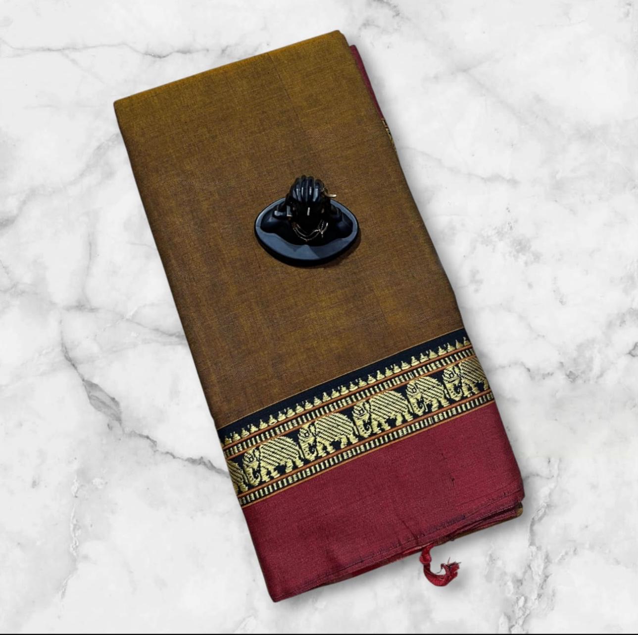 Khaki & red cotton saree - can be converted to practise saree