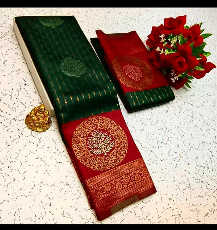 Bottle Green& red & Gold Kanchipuram Soft Silk Saree