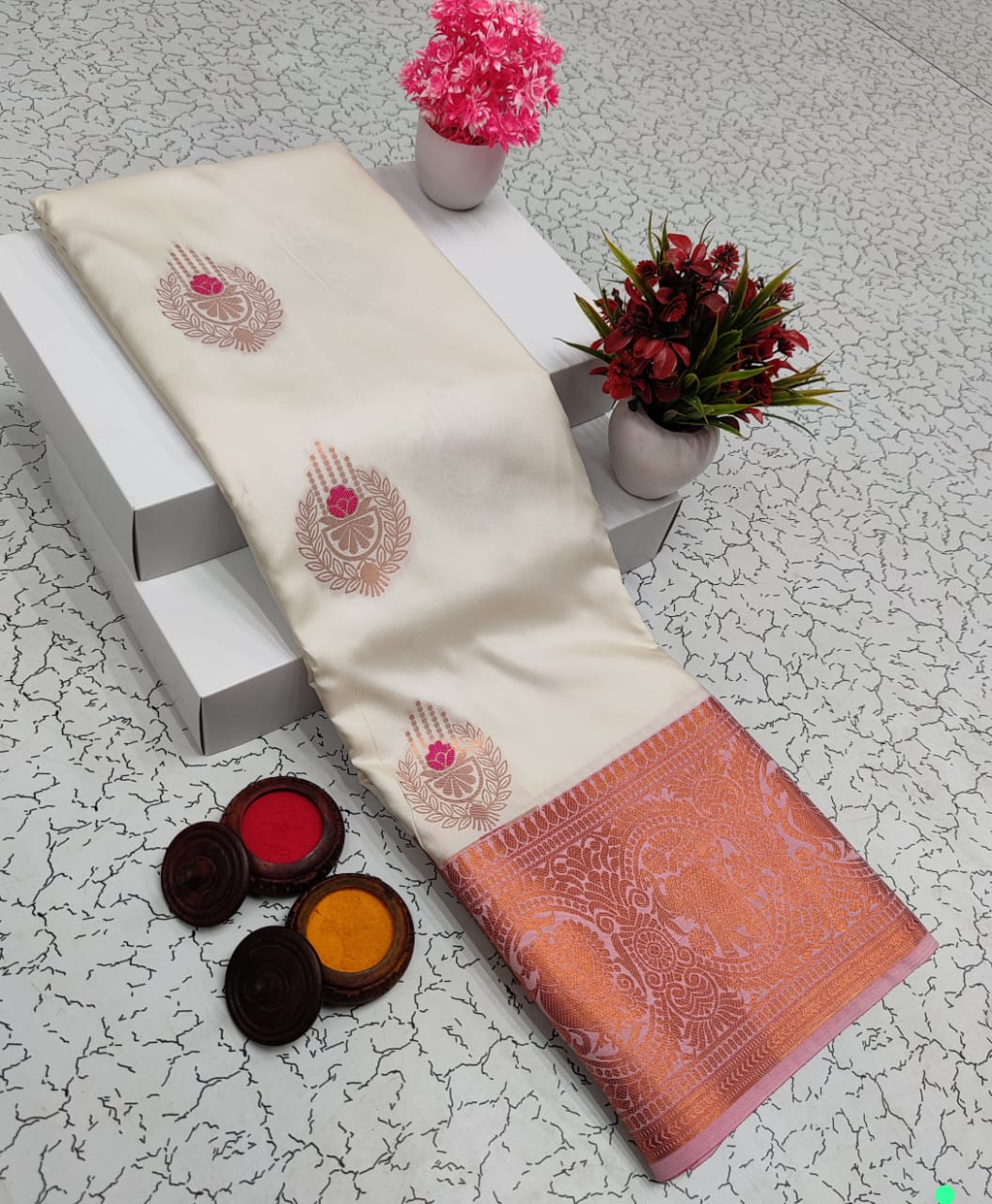 Cream pink and copper Kanchipuram soft silk saree