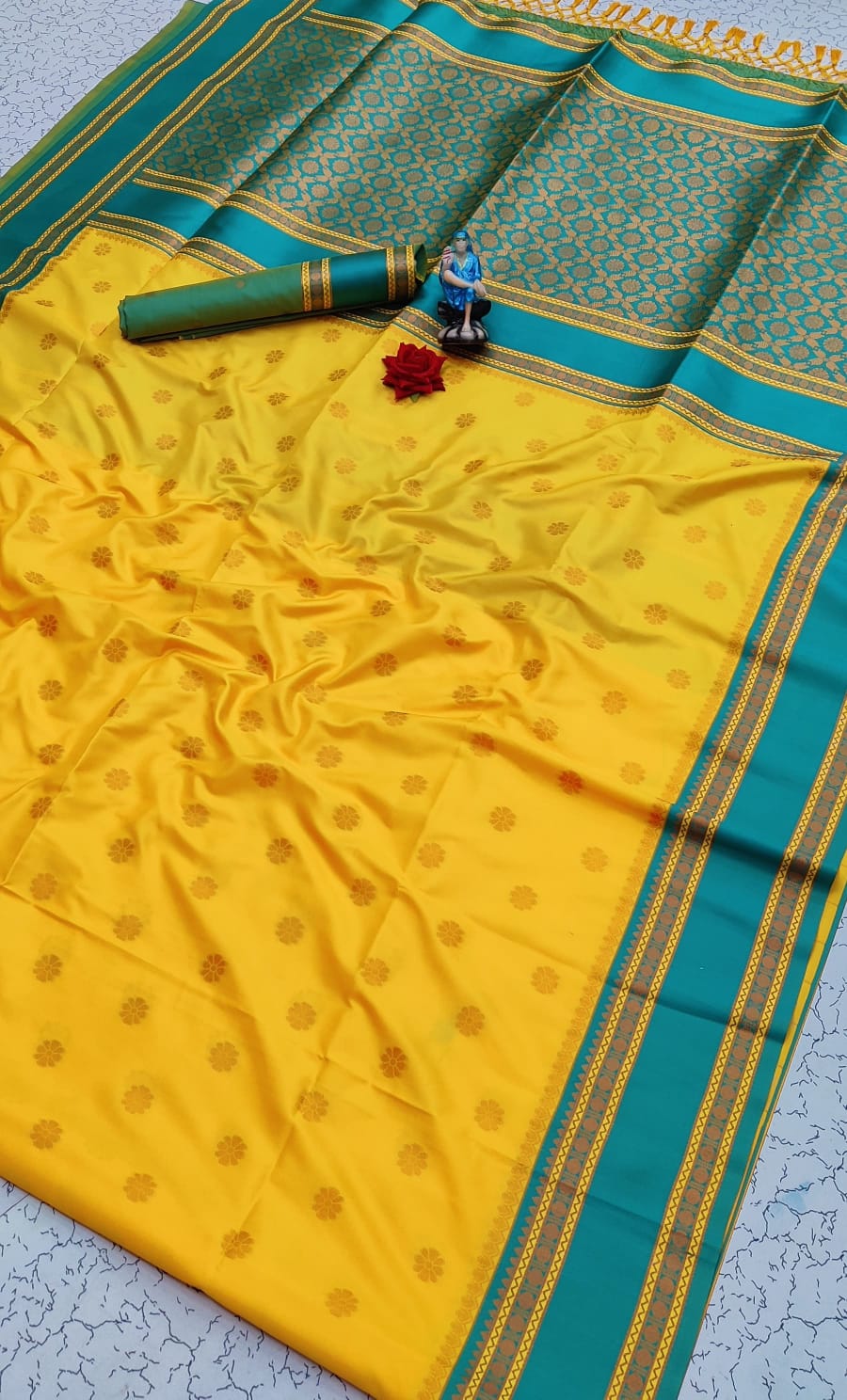 Canary yellow and turquoise Kanchipuram soft silk