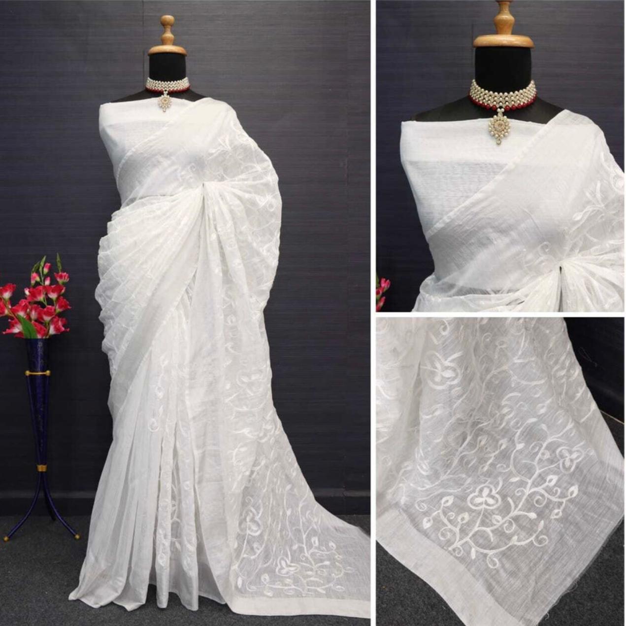 Krivity Embroidered Bollywood Cotton Linen Saree