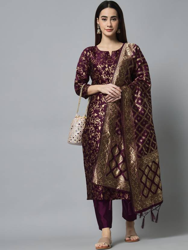 Cotton Blend Straight Kurta Pant and Dupatta Set (Grape / Purple) silk