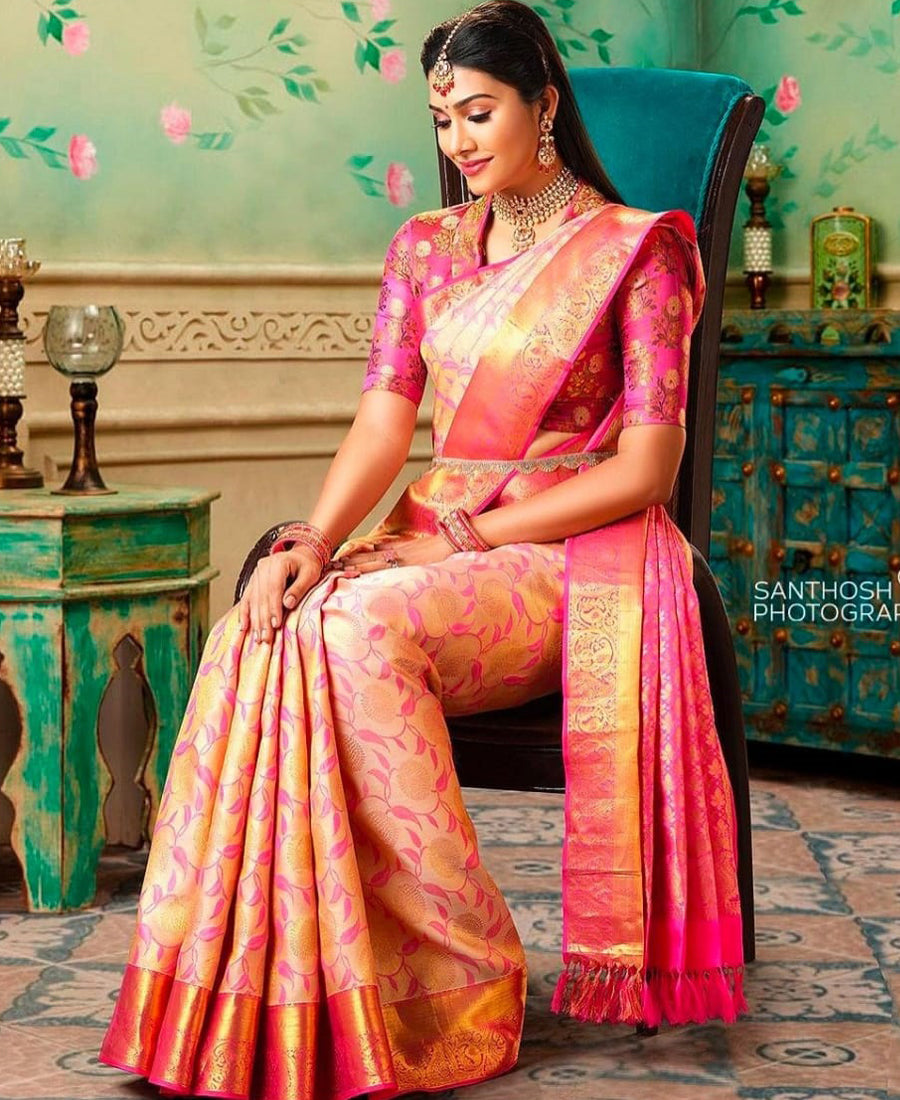Woven Kanjivaram Pure Silk Saree (Cerise and Gold)