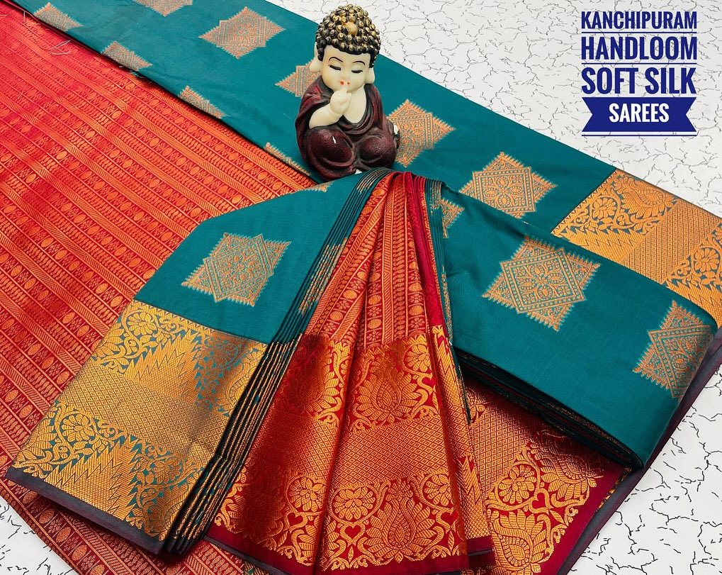Teal & Red Kanchipuram handloom soft silk saree