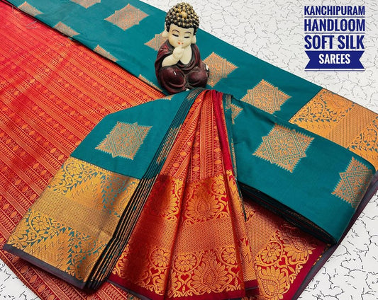 Teal & Red Kanchipuram handloom soft silk saree