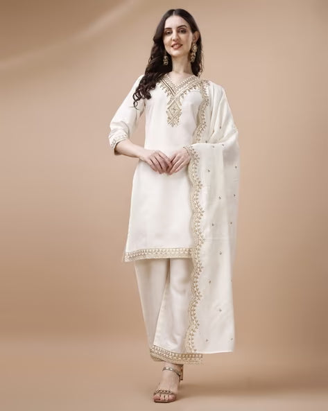 Silk Blend Kurta Palazzo Dupatta Set (White)