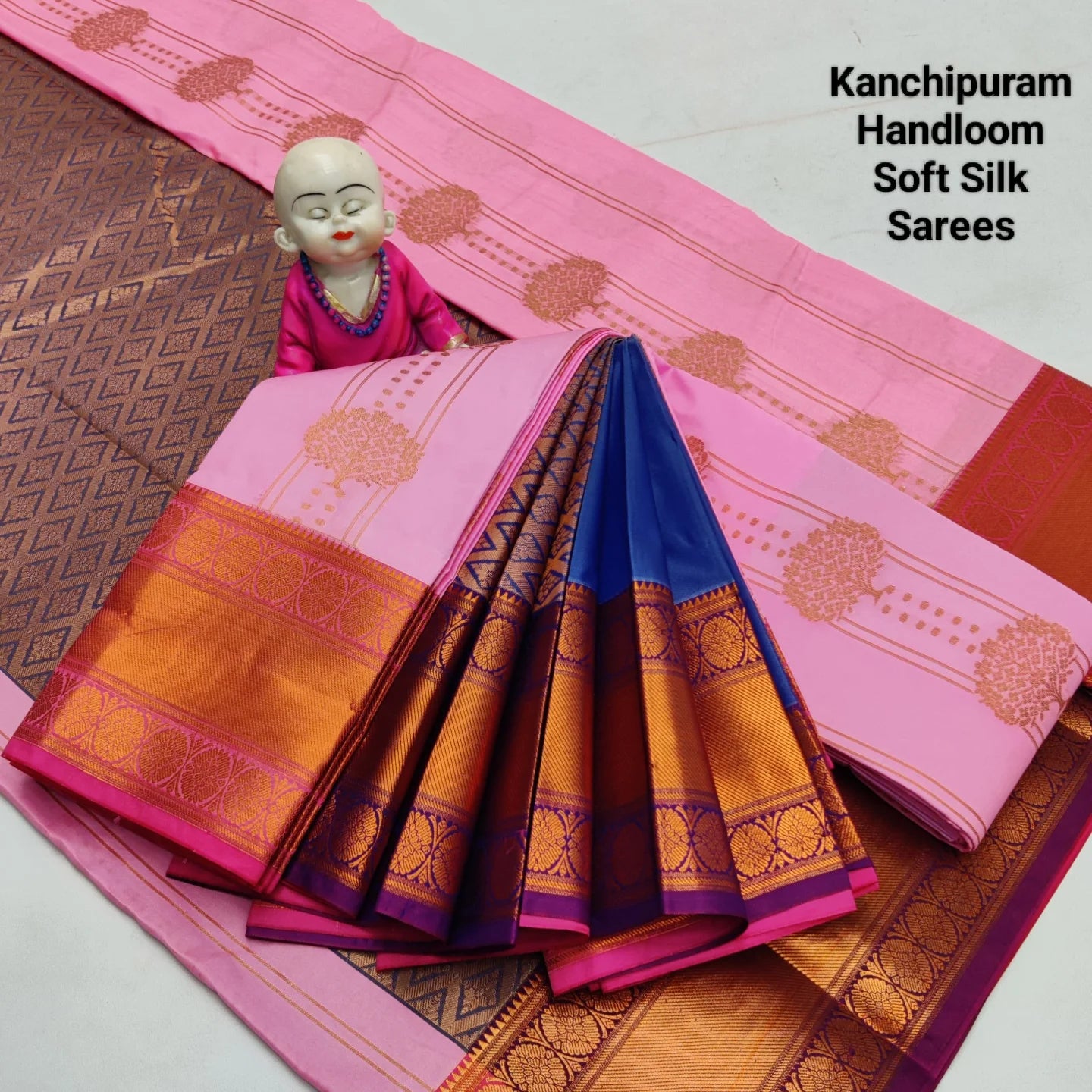 Baby Pink copper & red Kanchipuram handloom soft silk saree