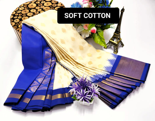 Cream & Royal blue Soft Cotton Saree