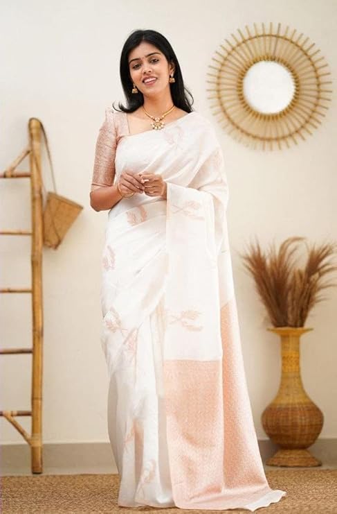 Kanjivaram Soft Lichi Silk Saree with Blouse piece (Cream)