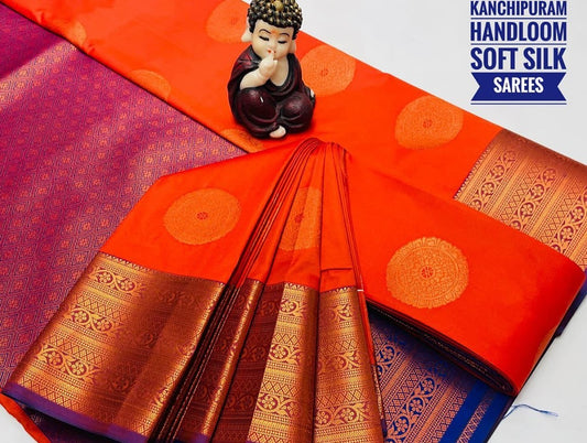 Orange Red & copper Kanchipuram handloom soft silk saree