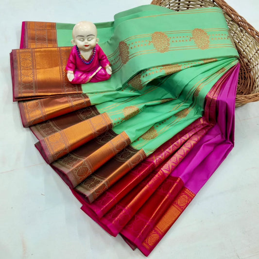 Mint green pink & copper Kanchipuram soft silk saree