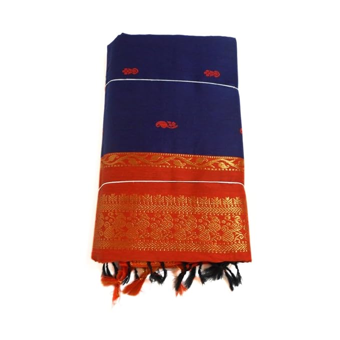 Pure Kalyani Cotton Saree Lata Gadwal Design (Navy Blue & Orange)