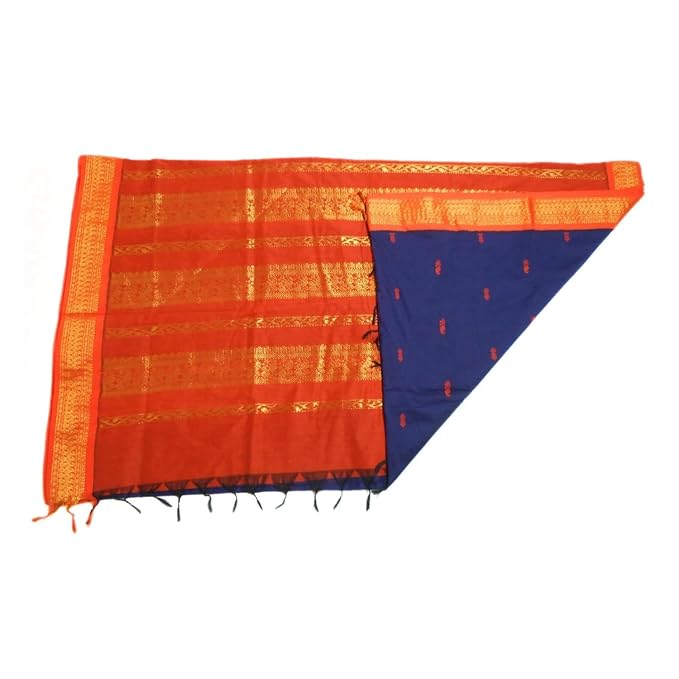Pure Kalyani Cotton Saree Lata Gadwal Design (Navy Blue & Orange)