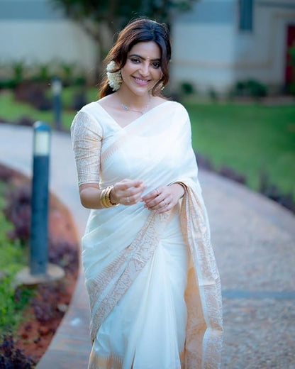 Pure silk Kanjivaram Saree with Blouse piece (off white)