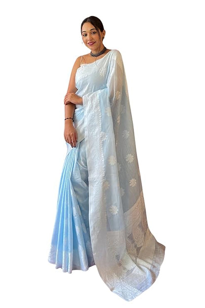 Kanjivaram Soft Cotton Linen Silk Saree with Blouse Piece Light Blue