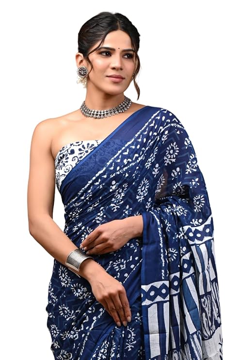 Mulmul Cotton Saree with Blouse Piece Blue & White
