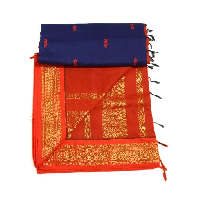 Pure Kalyani Cotton Saree Lata Gadwal Design (Navy Blue & Orange)