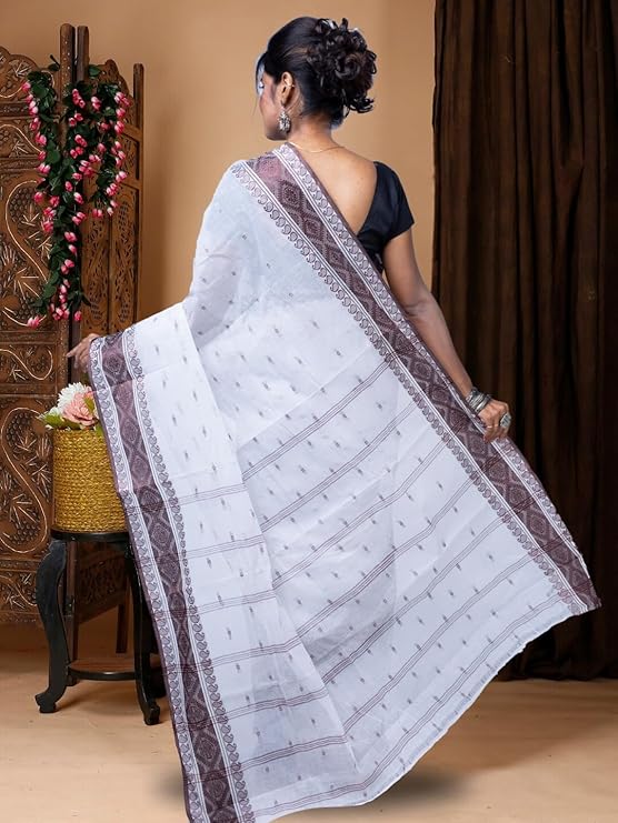 Pure Cotton Sarees Elegant and comfortable (White and Blue) No blouse piece