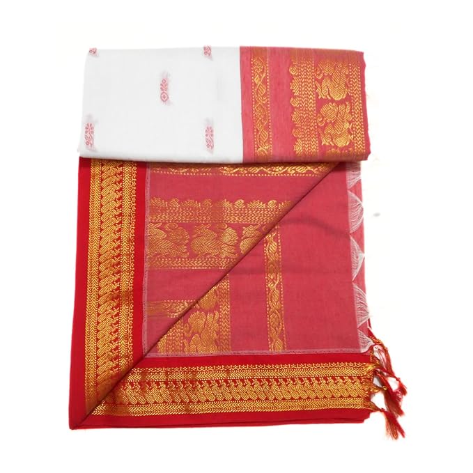 Pure Kalyani Cotton Saree Lata Gadwal Design (White & Red)