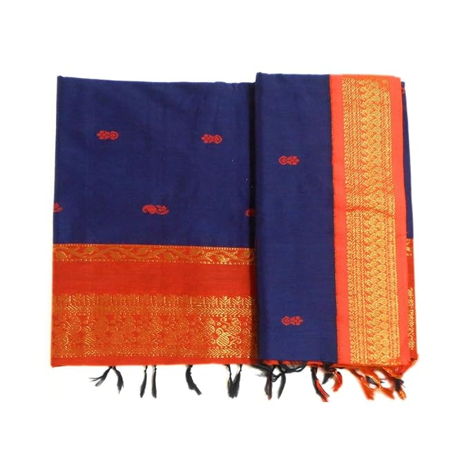 Pure Kalyani Cotton Saree Lata Gadwal Design (Navy Blue & Orange)
