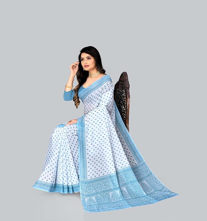 Cotton Printed Saree (no Blouse Piece) White & Blue
