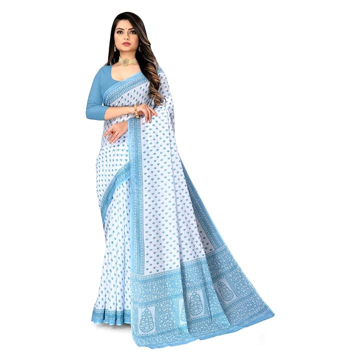 Cotton Printed Saree (no Blouse Piece) White & Blue