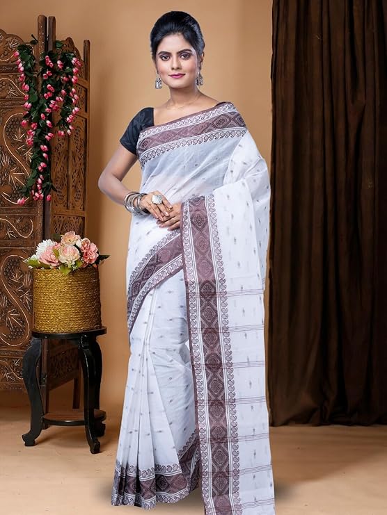 Pure Cotton Sarees Elegant and comfortable (White and Blue) No blouse piece