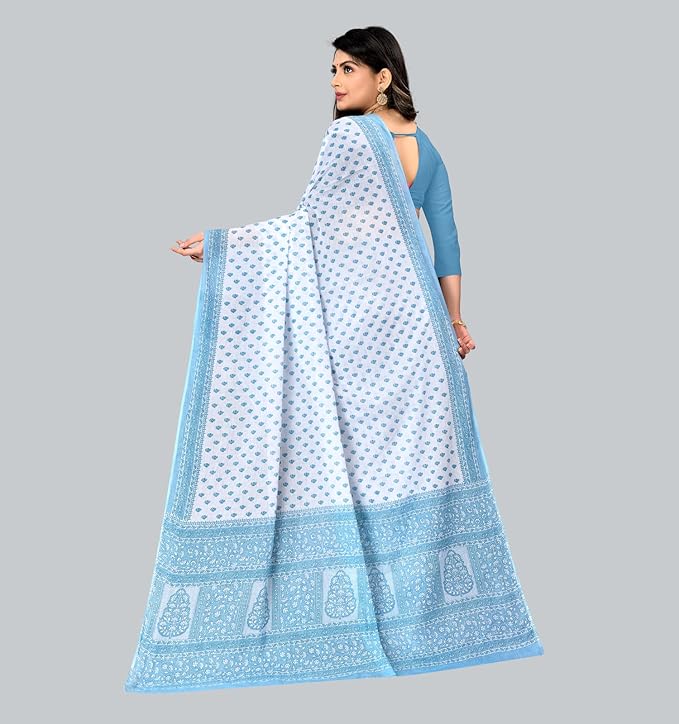 Cotton Printed Saree (no Blouse Piece) White & Blue