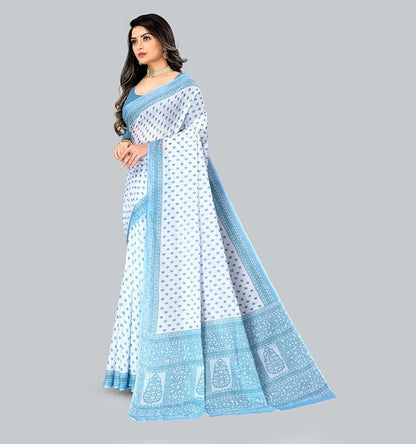 Cotton Printed Saree (no Blouse Piece) White & Blue