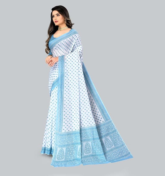 Cotton Printed Saree (no Blouse Piece) White & Blue