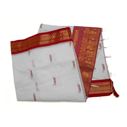 Pure Kalyani Cotton Saree Lata Gadwal Design (White & Red)