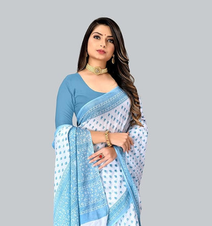 Cotton Printed Saree (no Blouse Piece) White & Blue