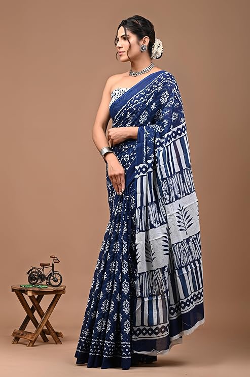 Mulmul Cotton Saree with Blouse Piece Blue & White