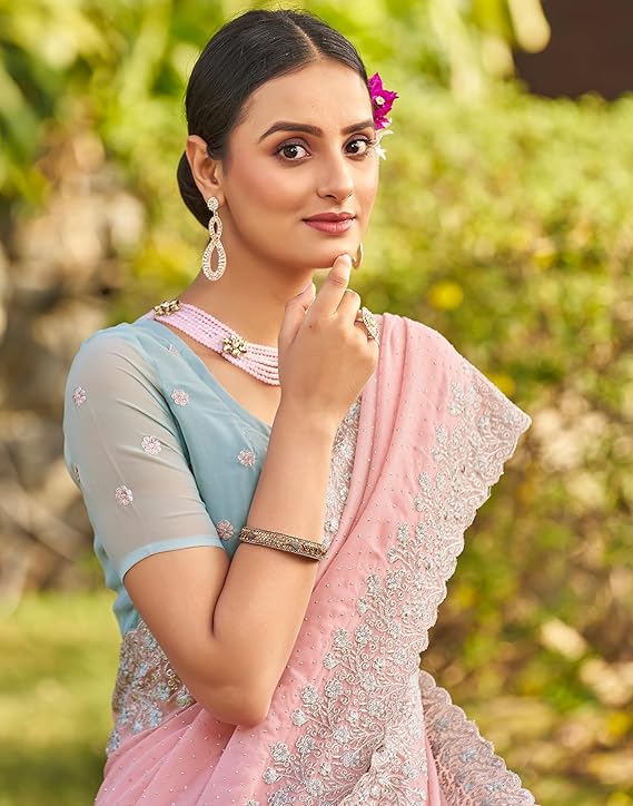Georgette Embroidery Saree with Unstitched Blouse (Baby Pink and Blue)