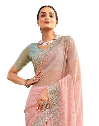 Georgette Embroidery Saree with Unstitched Blouse (Baby Pink and Blue)