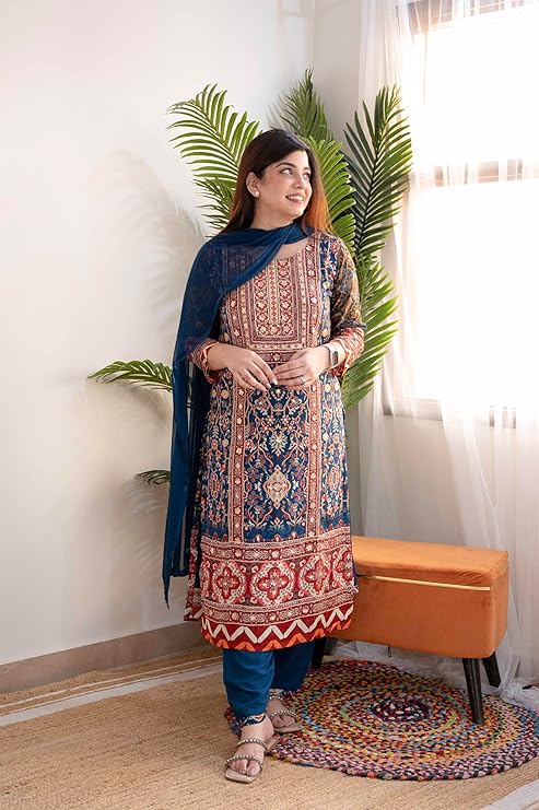 Rayon Viscose Straight printed Kurta Incl Pant and Dupatta