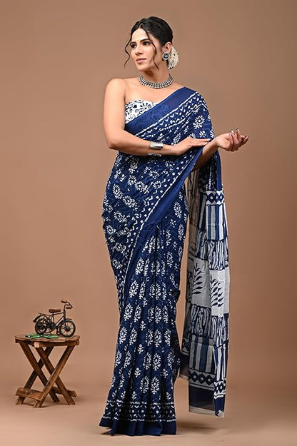 Mulmul Cotton Saree with Blouse Piece Blue & White