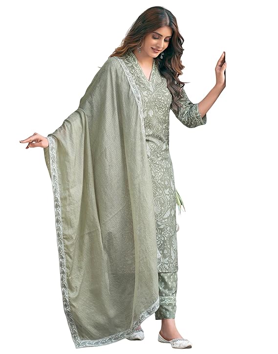 Rayon Viscose Printed Straight Kurta with Pant & Dupatta