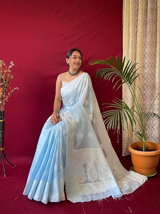 Kanjivaram Soft Cotton Linen Silk Saree with Blouse Piece Light Blue