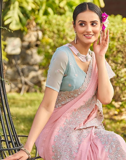 Georgette Embroidery Saree with Unstitched Blouse (Baby Pink and Blue)