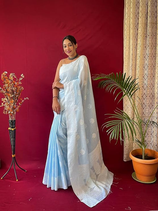 Kanjivaram Soft Cotton Linen Silk Saree with Blouse Piece Light Blue