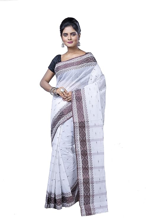 Pure Cotton Sarees Elegant and comfortable (White and Blue) No blouse piece