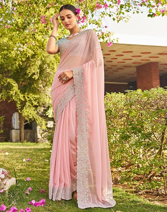 Georgette Embroidery Saree with Unstitched Blouse (Baby Pink and Blue)