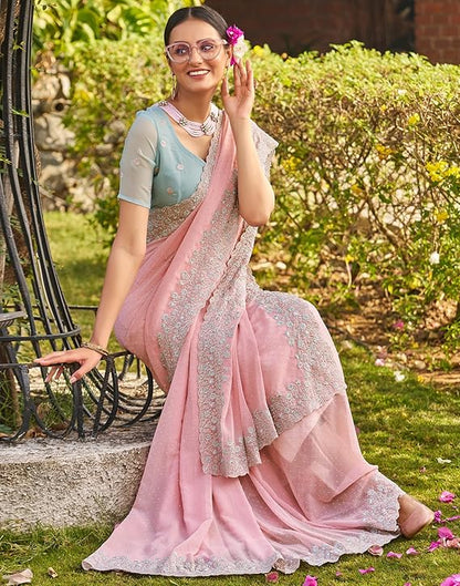 Georgette Embroidery Saree with Unstitched Blouse (Baby Pink and Blue)
