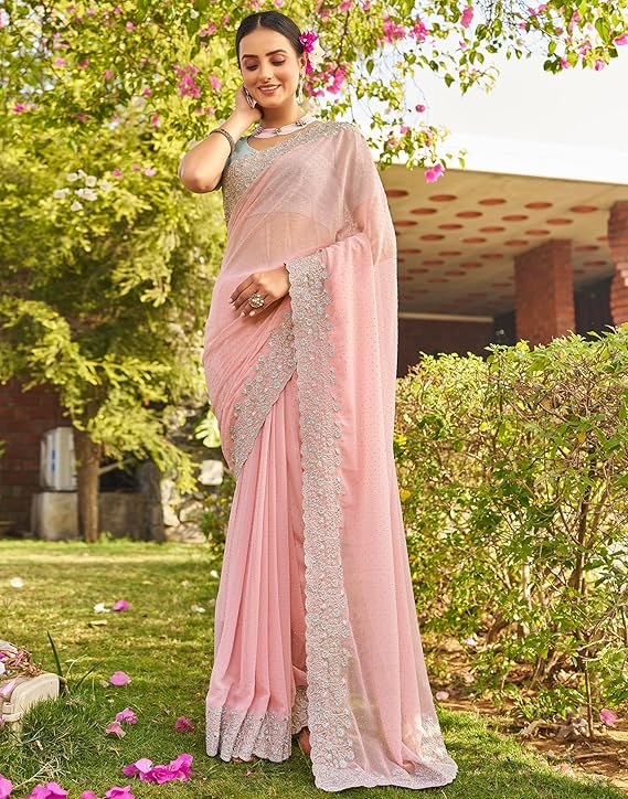 Georgette Embroidery Saree with Unstitched Blouse (Baby Pink and Blue)